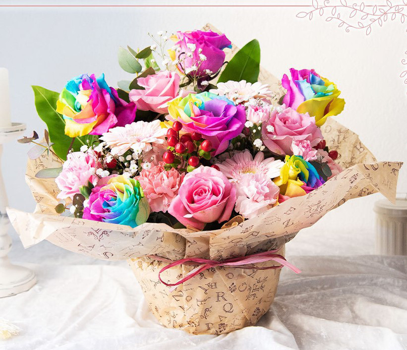 【002】レインボーローズ フレッシュフラワー アレンジメント