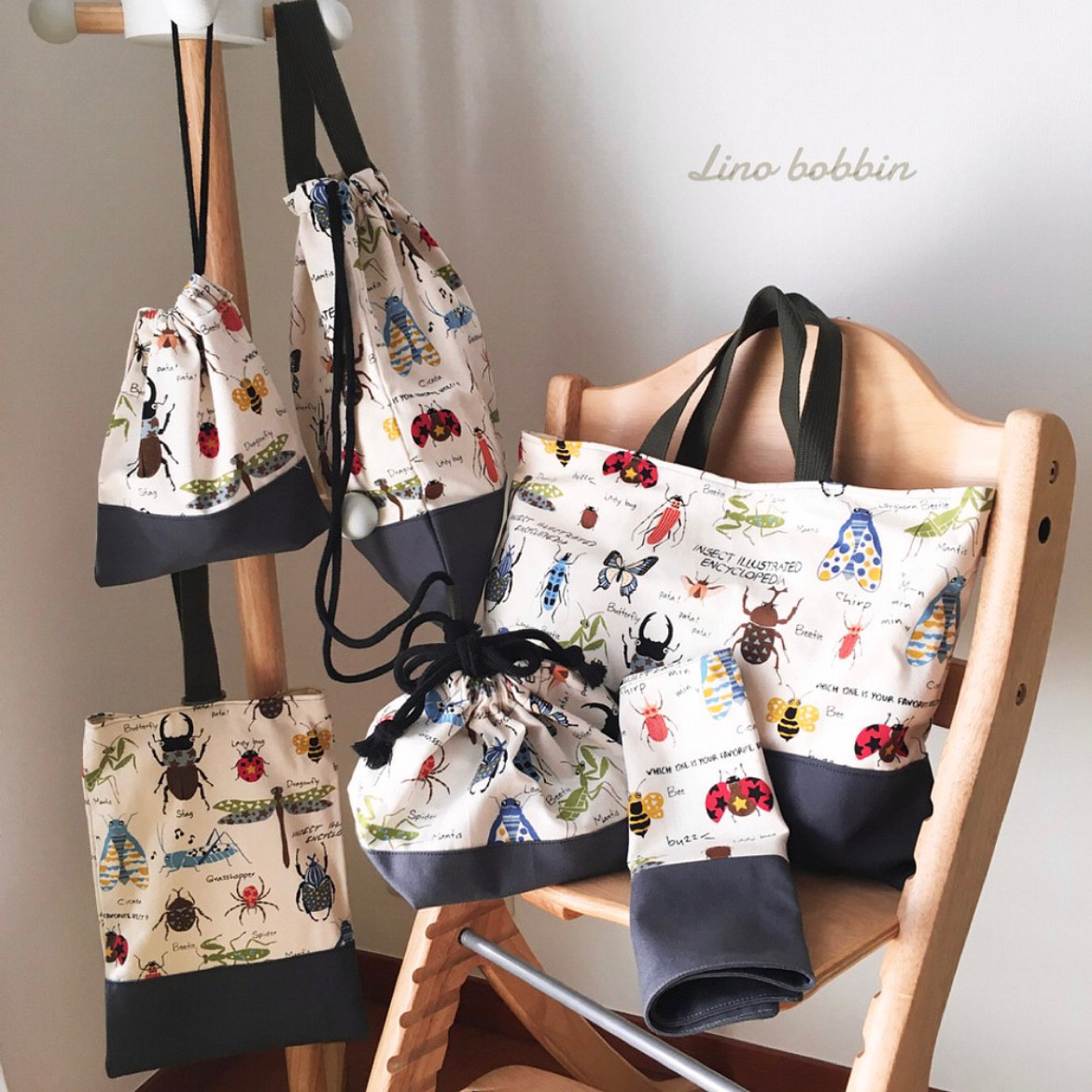 再販★送料無料／受注制作、サイズオーダー対応可★昆虫イラスト柄＜生成り＞／入園入学6点セット／ショルダー追加対応可
