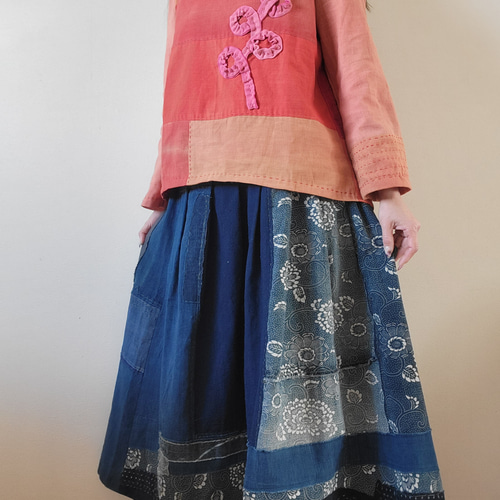 着物リメイク 古布 手作り 紅花染め プルオーバー ワンピース 