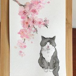 【水彩画】『猫とお花見』【原画】 2枚目の画像