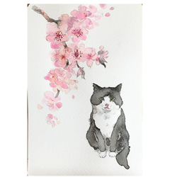 【水彩画】『猫とお花見』【原画】 1枚目の画像