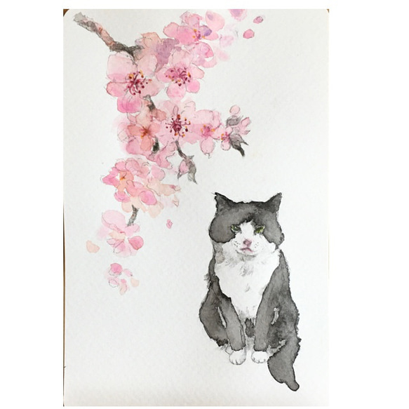 水彩画】『猫とお花見』【原画】 イラスト KAZE_MACHI 通販