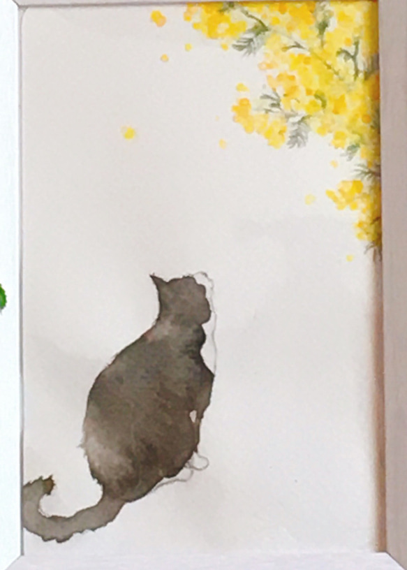 【水彩画】猫の日2023 『ミモザと春を見上げる猫』【原画】 2枚目の画像