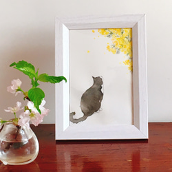 水彩画】猫の日2023 『ミモザと春を見上げる猫』【原画】 イラスト