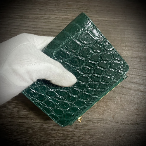 クロコダイル コンパクト ミニ財布 ワニ革 グリーン 緑 ミニマリスト