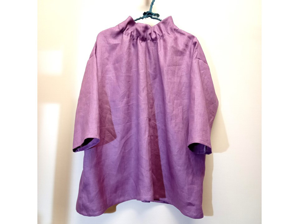 リネン◇フラワーネックブラウス（七分袖）◇ライトパープル◇フリーサイズ（リネン100％）