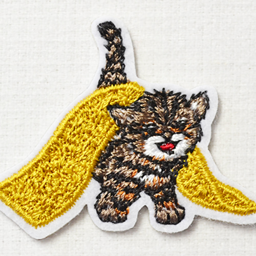 かわいい刺繍ワッペン おさんぽタオルとネコ シール付き アップリケ