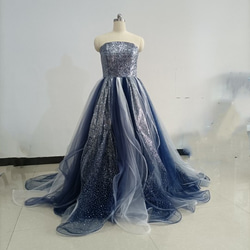 青　ブルーキラキラチュールカラードレス 可愛い 編み上げ プリンセスドレス オーバードレス+取り外しオフショルダー取り外 4枚目の画像