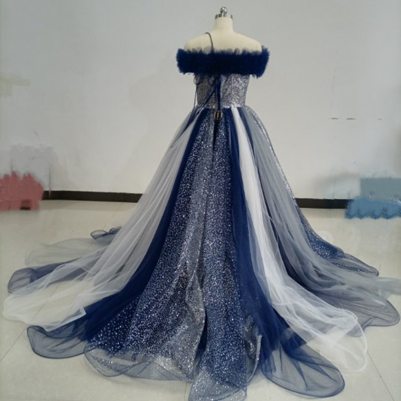青　ブルーキラキラチュールカラードレス 可愛い 編み上げ プリンセスドレス オーバードレス+取り外しオフショルダー取り外 3枚目の画像