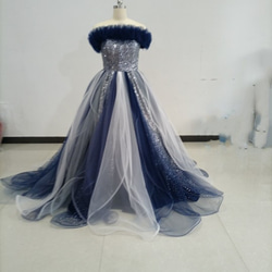 青　ブルーキラキラチュールカラードレス 可愛い 編み上げ プリンセスドレス オーバードレス+取り外しオフショルダー取り外 1枚目の画像
