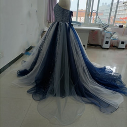 青　ブルーキラキラチュールカラードレス 可愛い 編み上げ プリンセスドレス オーバードレス+取り外しオフショルダー取り外 7枚目の画像