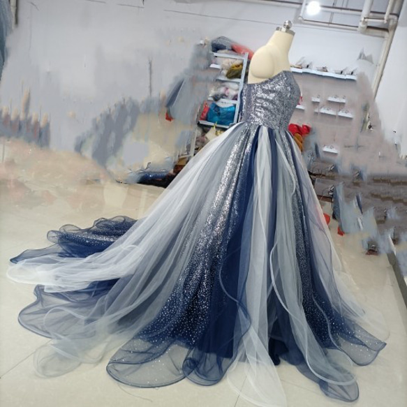 青　ブルーキラキラチュールカラードレス 可愛い 編み上げ プリンセスドレス オーバードレス+取り外しオフショルダー取り外 9枚目の画像
