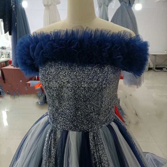 青　ブルーキラキラチュールカラードレス 可愛い 編み上げ プリンセスドレス オーバードレス+取り外しオフショルダー取り外 12枚目の画像