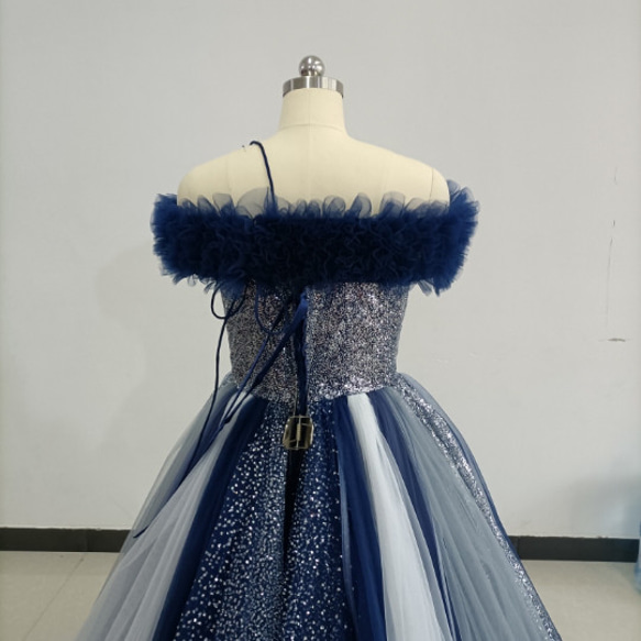 青　ブルーキラキラチュールカラードレス 可愛い 編み上げ プリンセスドレス オーバードレス+取り外しオフショルダー取り外 11枚目の画像