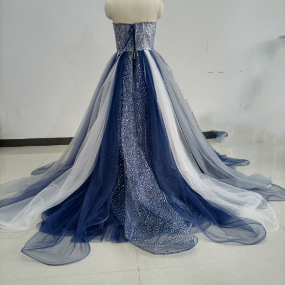 青　ブルーキラキラチュールカラードレス 可愛い 編み上げ プリンセスドレス オーバードレス+取り外しオフショルダー取り外 6枚目の画像