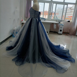 青　ブルーキラキラチュールカラードレス 可愛い 編み上げ プリンセスドレス オーバードレス+取り外しオフショルダー取り外 10枚目の画像
