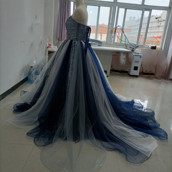 青　ブルーキラキラチュールカラードレス 可愛い 編み上げ プリンセスドレス オーバードレス+取り外しオフショルダー取り外 10枚目の画像