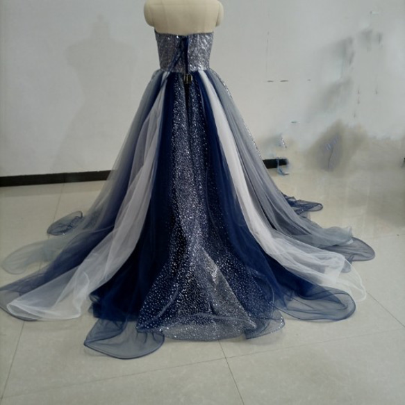 青　ブルーキラキラチュールカラードレス 可愛い 編み上げ プリンセスドレス オーバードレス+取り外しオフショルダー取り外 8枚目の画像