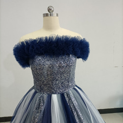 青　ブルーキラキラチュールカラードレス 可愛い 編み上げ プリンセスドレス オーバードレス+取り外しオフショルダー取り外 2枚目の画像