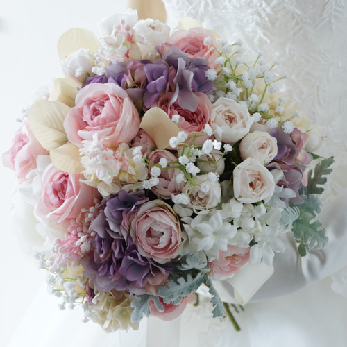 ピンクパープルのボリュームラウンドブーケ＊ウェディングブーケ