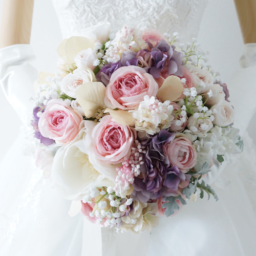 ピンクパープルのボリュームラウンドブーケ＊ウェディングブーケ