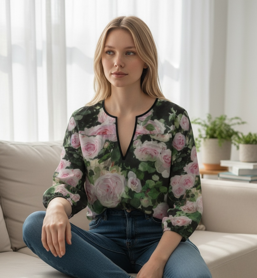 XXS～7XL　ピエール・ドゥ・ロンサール　水彩フラワーブラウス