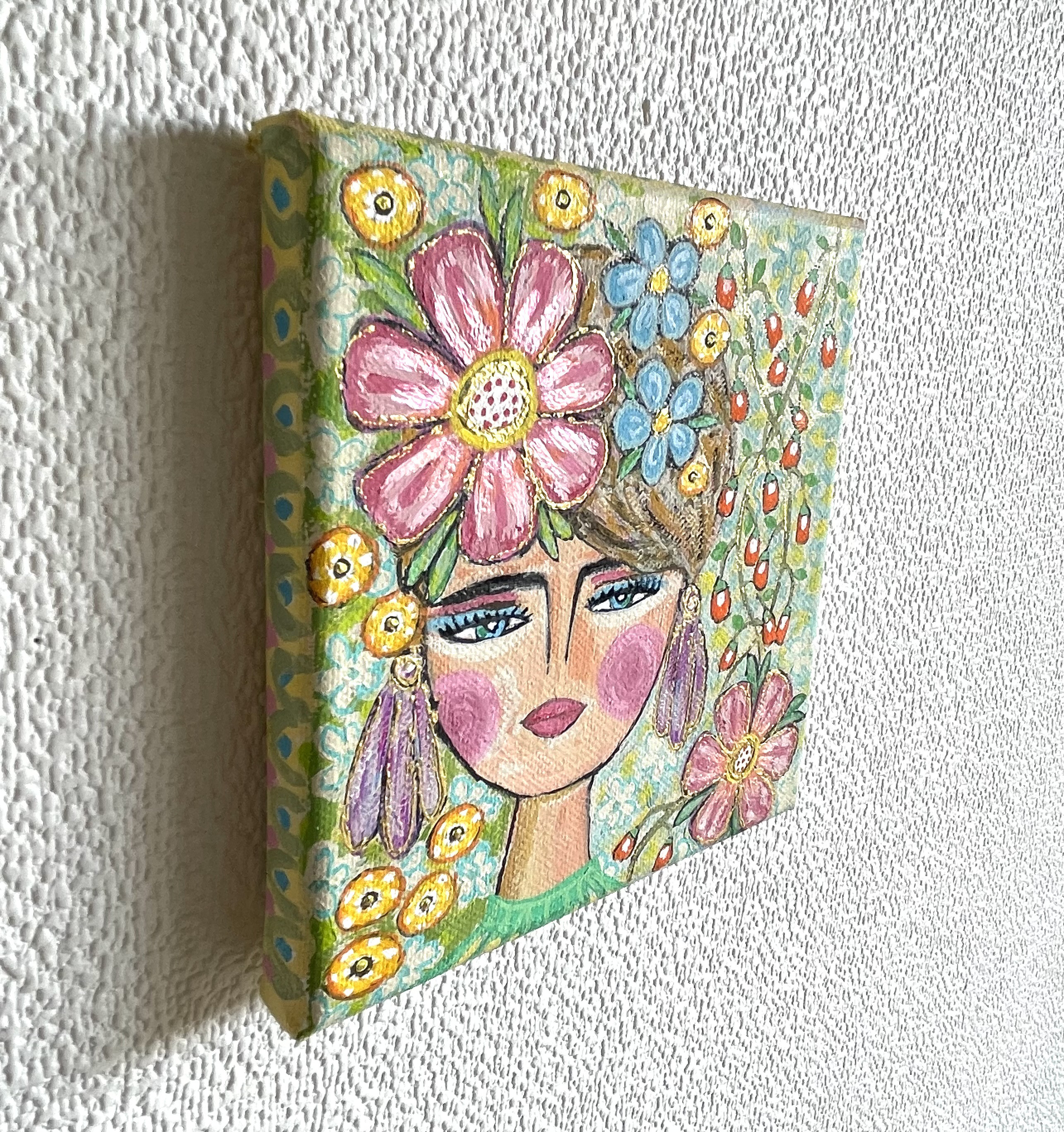 絵画 。壁掛け絵原画手描き【部屋の中で花瓶を片付ける少女とバレエを踊る黒猫】 絵画 花の絵 インテリア 壁掛け 版画 風水 黄色 玄関 おしゃれ