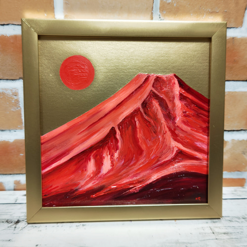 油絵 絵画 太陽と赤富士 【Ａ3】-