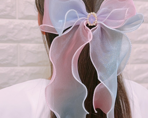 No.24リボンヘアゴム☆ハンドメイド☆ホワイトウールエッジ☆ネイビー系 楽天市場】オーガンジー ロング リボン ヘアゴム 4cm幅 (1コ