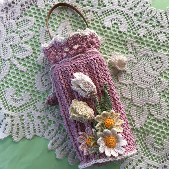 ペットボトルカバー 輸入生地 薔薇柄/ピンク 本革持ち手 ハンドメイド