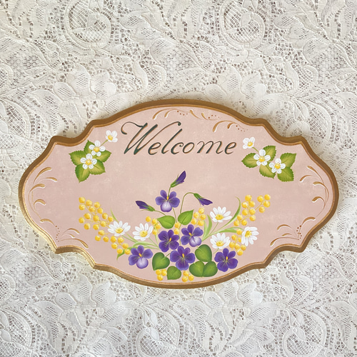 春のウェルカムプレート スミレ ミモザ マーガレット トールペイント