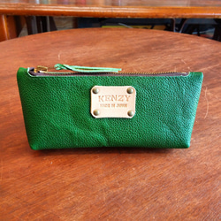 レザー製筆箱 緑色と青色 KENZY ペンケース グリーン 本革製 緑 牛革製 ファスナータイプ