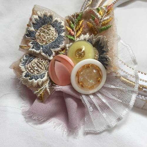 インド刺繍 リボン ポニーフック ヘアカフス ピンク×レース 馬尾