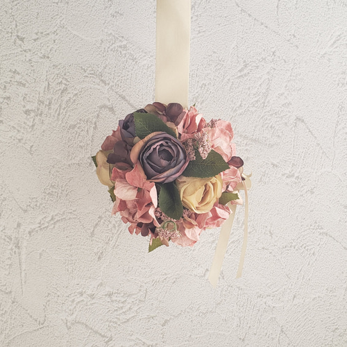 アンティークローズのドライ風ボールブーケ 結婚式 大人可愛い くすみ