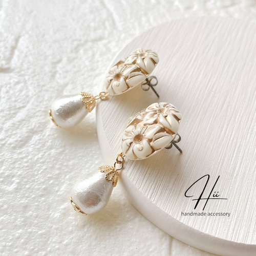 10 ドイツ製カボション×お花や蕾のピアスorイヤリング