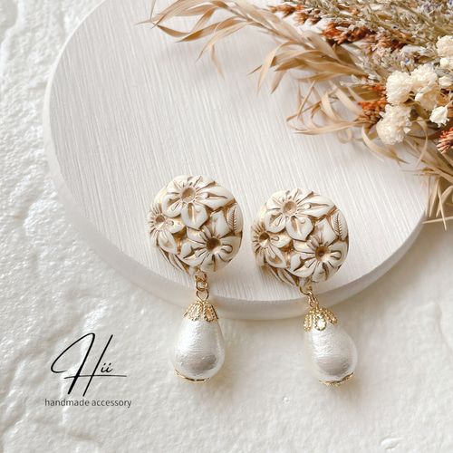10 ドイツ製カボション×お花や蕾のピアスorイヤリング