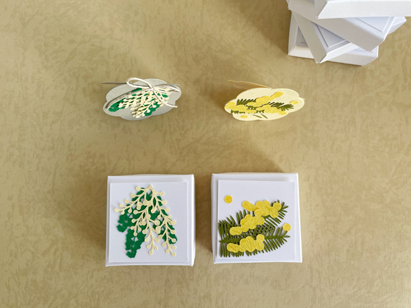 【再販】5枚セット ミモザのミニカード・正方形の小箱入り / お庭のミモザの木・春・送別 7枚目の画像