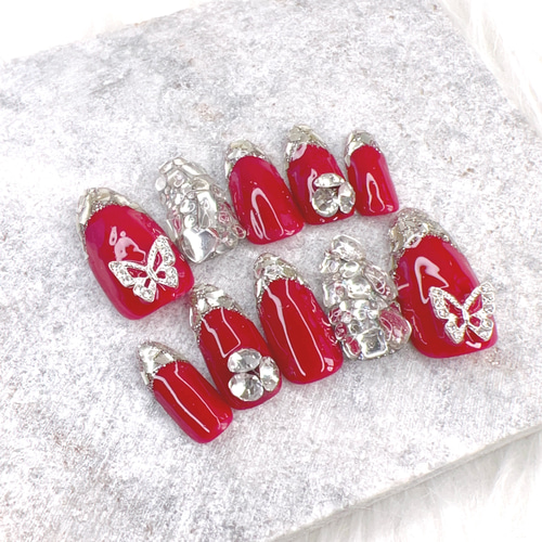 チップ種類、カラー変更可能》レッドバタフライガラスフレンチネイル