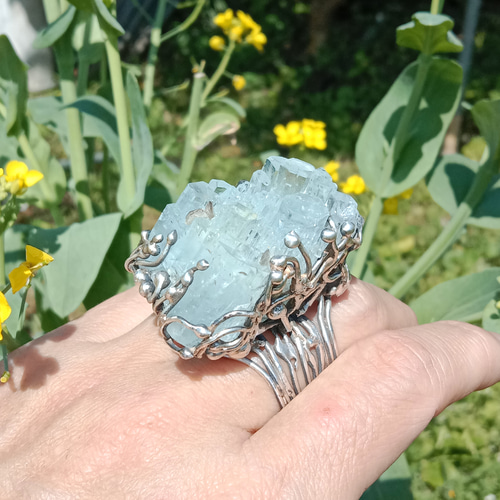 アクアマリン ミネラル ハンドメイド シルバー リング ～「光線