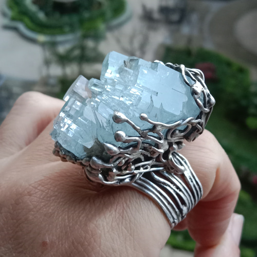 アクアマリン ミネラル ハンドメイド シルバー リング ～「光線