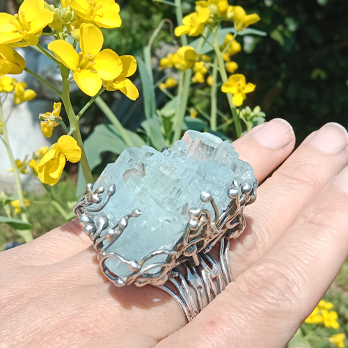アクアマリン ミネラル ハンドメイド シルバー リング ～「光線