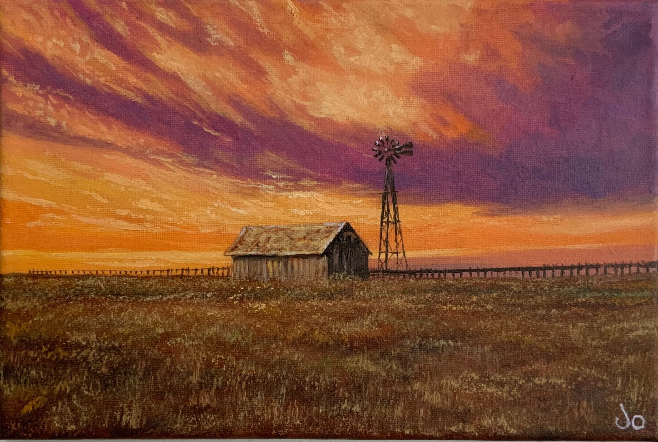 手描きの油絵作品】夕焼けに染まる空と風 絵画 JO's art gallery