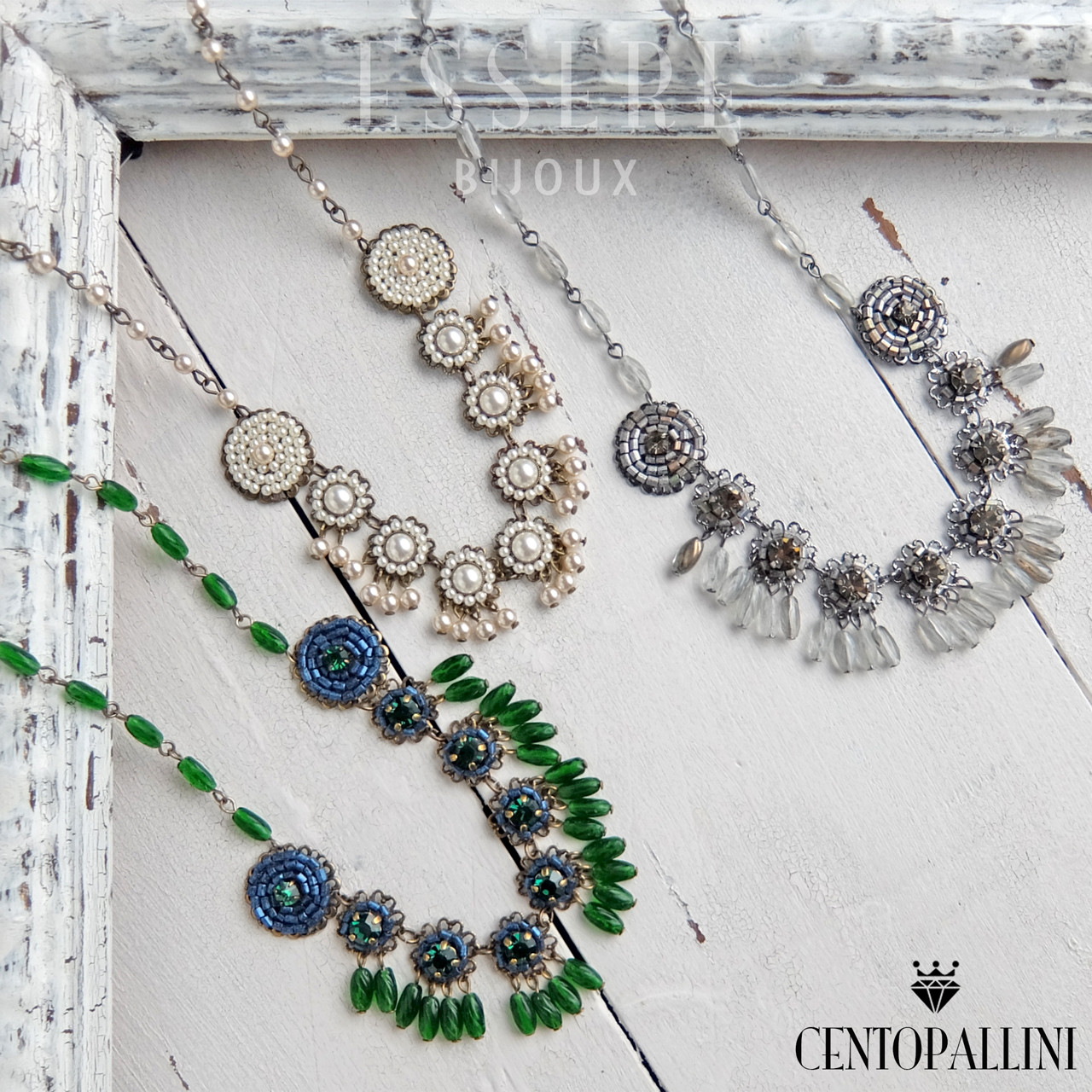 パールビーズとクリスタルガラスのフリンジショートネックレス