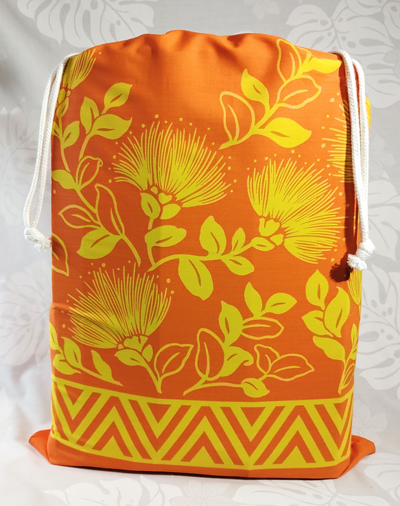 特大巾着ハワイアン生地オレンジ系ビックレフア柄 1枚目の画像