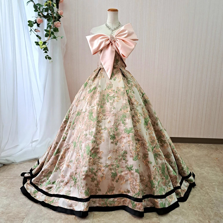 ドレスルームアミ 高級 ロングドレス クラシカル ストーンベルト 花柄 グリーン ドレスルームアミ 高級 ロングドレス クラシカル ストーンベルト