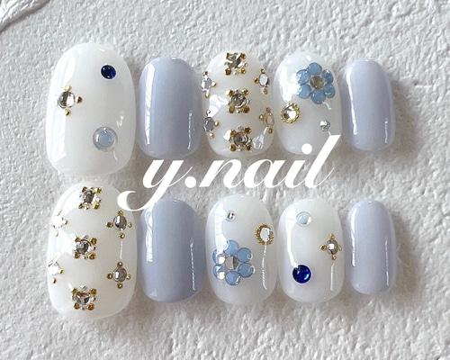 51))ビジュー ストーンネイル フレンチガーリー ネイルチップ ブライダル