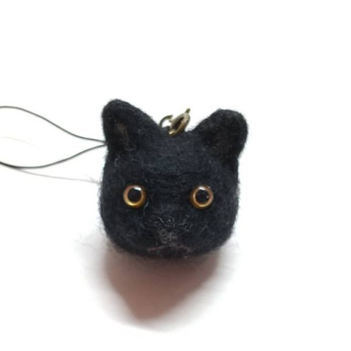 まんまる黒猫のお顔ストラップ 猫 ハロウィン 羊毛フェルト 羊毛