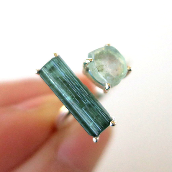 グリーントルマリン＋ウォーターメロントルマリン 原石 リング Green/watermelon tourmaline 1枚目の画像