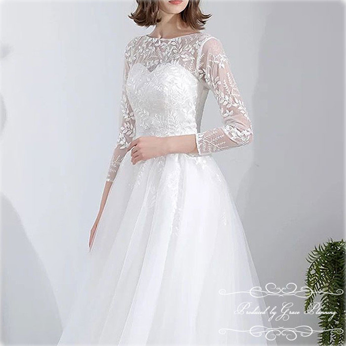 ウエディングドレス ウェディングドレス 長袖 Aライン　結婚式 前撮り リーフ刺繍 gcd_7007