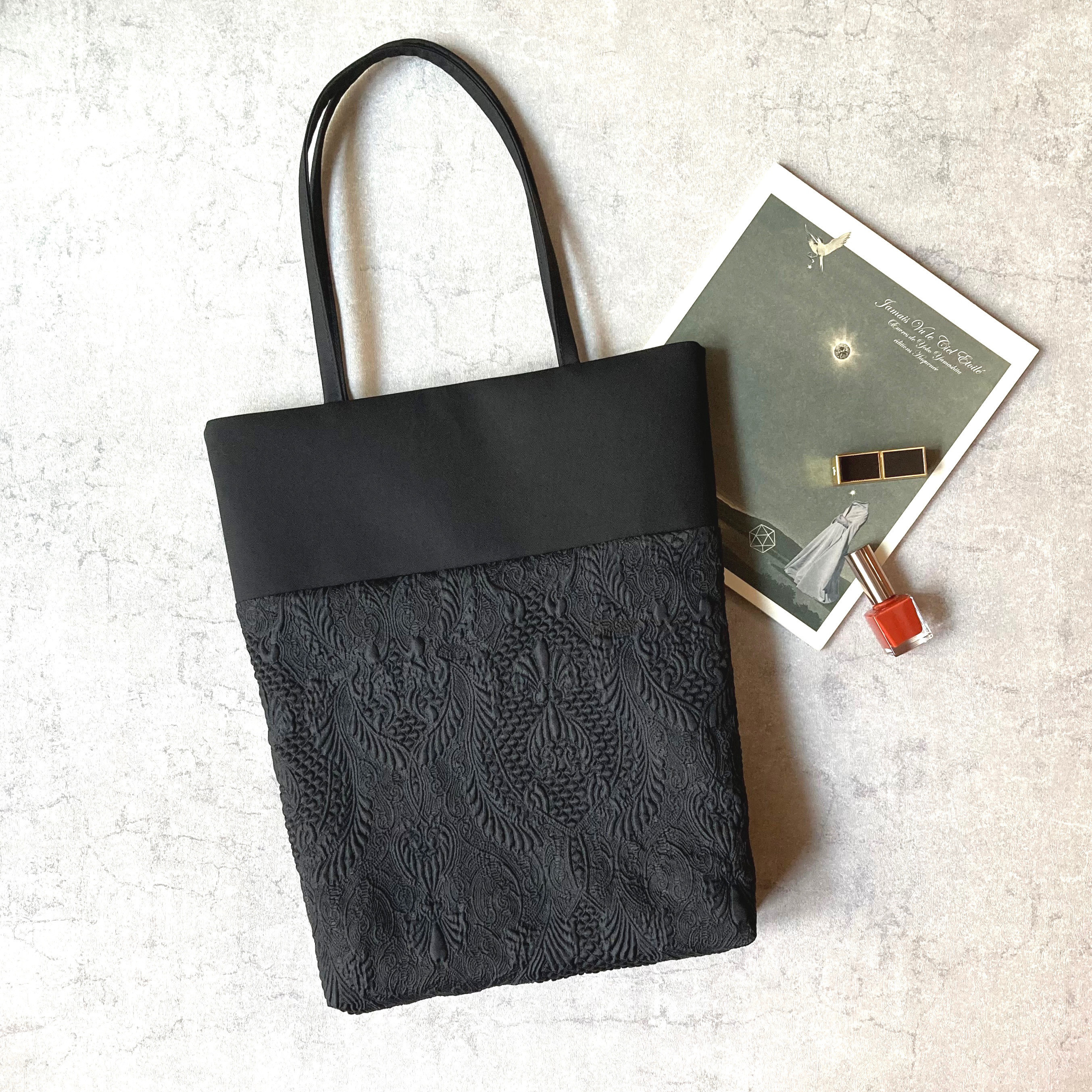 マチつきブラック＜大人のレッスンバッグ フォーマルにも！ジャカートトート・サブバッグ＞　A4　冠婚葬祭